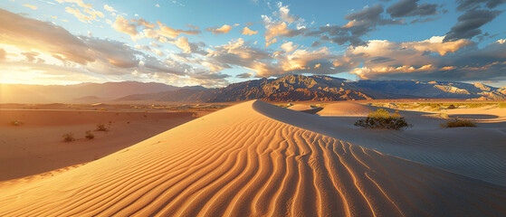 a serene desert landscape at sunrise, showcasing the play of light and shadows on the sand dunes