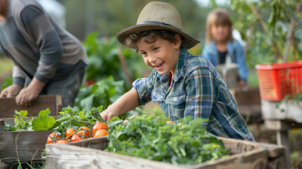 A smiling young boy picking tomatoes in a garden with family working in the background, depicting rural life and family bonding