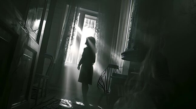 horror concept, black shadow of scary female ghost