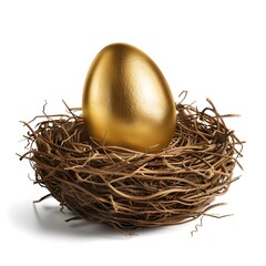 Naklejka na ściany i meble Beautiful shiny golden egg in bird nest against white background - Ai Generated