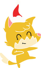 hand drawn flat color illustration of a friendly fox wearing santa hat