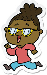 sticker of a cartoon happy woman wearing spectacles
