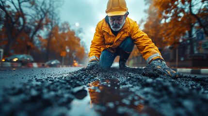 Workers working on an asphalt road