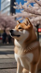  happy shiba inu dog sitting on a paved path surrounded by blooming cherry blossom trees