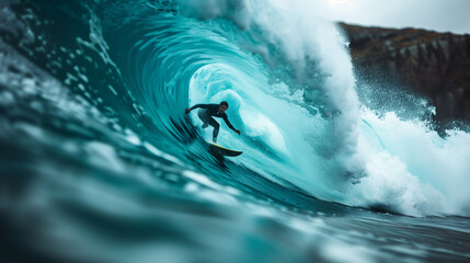 Surfer playing on big waves in the sea - Powered by Adobe