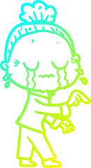 cold gradient line drawing of a cartoon crying old lady