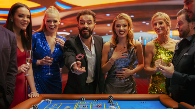 Multiethnic Young Adults Playing an Engaging Game of Roulette, Spending a Fun Evening in a Fancy Hotel Casino. Enthusiastic Gambler Tossing a Red Casino Chip with a Template Placeholder