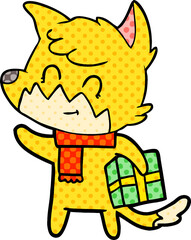 cartoon happy fox with gift
