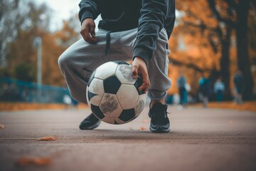 Close-up of an individual placing a worn soccer ball on the ground in an autumn park, ready to kick off the game.