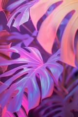 An abstract of Monstera leaves basking in a vibrant neon glow, ideal for modern art and botanical themes.