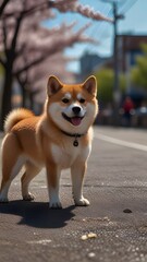  happy shiba inu dog sitting on a paved path surrounded by blooming cherry blossom trees