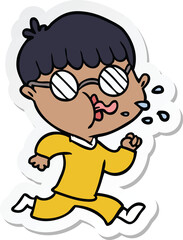 sticker of a cartoon boy wearing spectacles and running