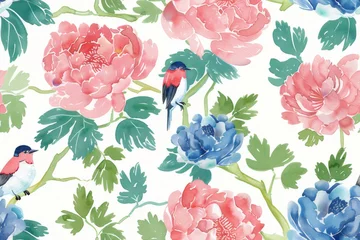 Poster Seamless vintage watercolor with peonies and birds. © Thi