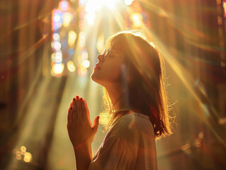 a girl is praying for god and Jesus in a church with heaven light 