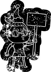 quirky cartoon distressed icon of a woman wearing glasses wearing santa hat