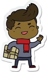 sticker of a cartoon man laughing carrying parcel