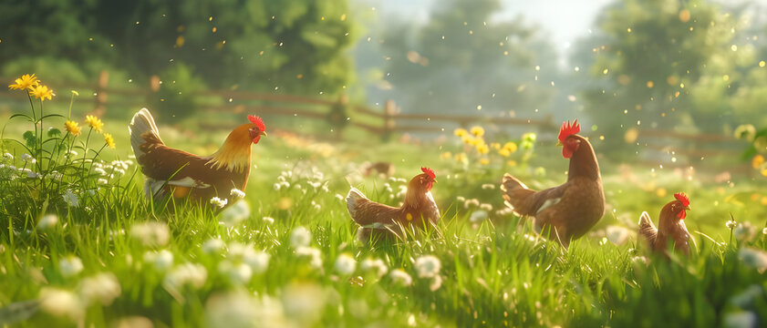 Chickens graze freely in the vibrant farm meadow at sunlight - Ai Generated