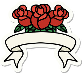 tattoo style sticker with banner of a bouquet of flowers