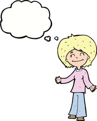 cartoon happy woman with thought bubble