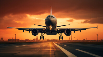 A large jetliner taking off from an airport runway at sunset or dawn with the landing gear down and the landing gear down, as the plane is about to take off.  - obrazy, fototapety, plakaty
