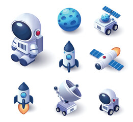 Isometric space bodies, astronaut, satellites and spacecraft. Outer space exploration, lunar rover and rockets vector illustration set. Space technology and astronautics
