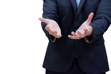 Young businessman in suit leaning forward on transparent background PNG background.