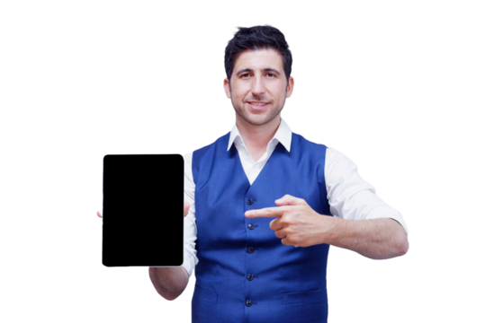 Smiling young businessman holding tablet on transparent background.