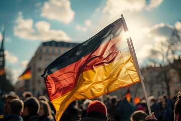waving german flag in a crowd on street