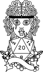 Black and White Tattoo linework Style human barbarian with natural 20 dice roll