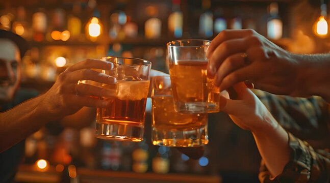 three people toasting to beer at night background