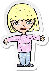 retro distressed sticker of a cartoon woman with open arms