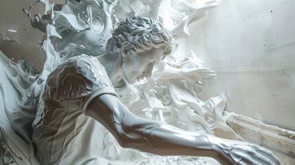 Surreal digital art of a statue amidst liquid swirls