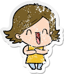 distressed sticker of a cartoon laughing woman