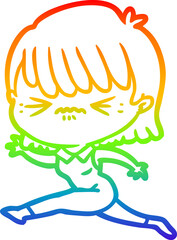 rainbow gradient line drawing of a cartoon woman jumping