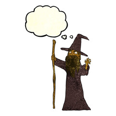 cartoon spooky wizard with thought bubble
