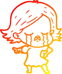 warm gradient line drawing of a cartoon girl crying and pointing