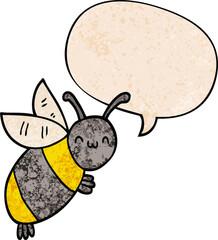 cute cartoon bee with speech bubble in retro texture style