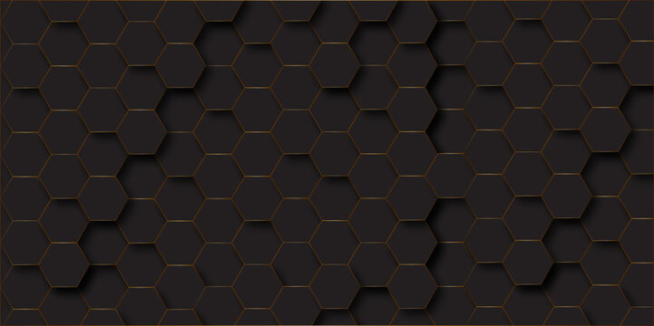 Dark horizontal background with hexagons .Abstract. Embossed Hexagon, honeycomb black background ,dark and shadow. Design background for you projects  modern background. Vector.  
