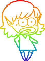 rainbow gradient line drawing of a cartoon shocked elf girl