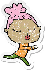 distressed sticker of a cartoon calm woman