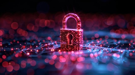 Glowing digital lock icon superimposed on intricate circuitry, symbolizing cybersecurity and data protection. The concept importance of securing sensitive information - obrazy, fototapety, plakaty