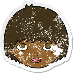 retro distressed sticker of a cartoon girl staring