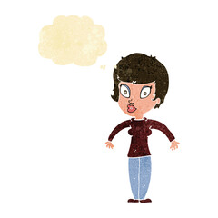 cartoon woman shrugging shoulders with thought bubble