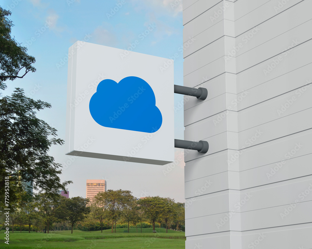 Poster cloud computing icon on hanging white square signboard over green grass field and trees in park, tec