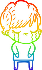 rainbow gradient line drawing of a cartoon woman crying