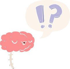cartoon curious brain with speech bubble in retro style