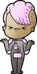 cartoon annoyed hipster girl wearing space suit