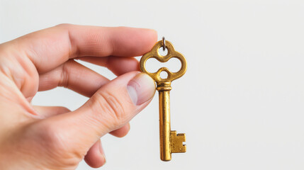 A person holding a golden key symbolizing success, bright white background
