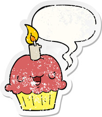 cartoon cupcake with speech bubble distressed distressed old sticker