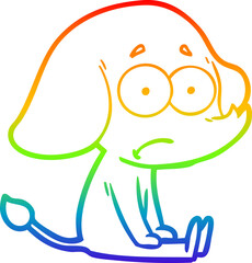 rainbow gradient line drawing of a cartoon unsure elephant sat on floor
